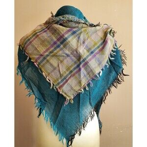 Asian Eye Triangle Shawl Scarf Wool Teal Gray 2 Layers Fringe Ren Fest Prairie